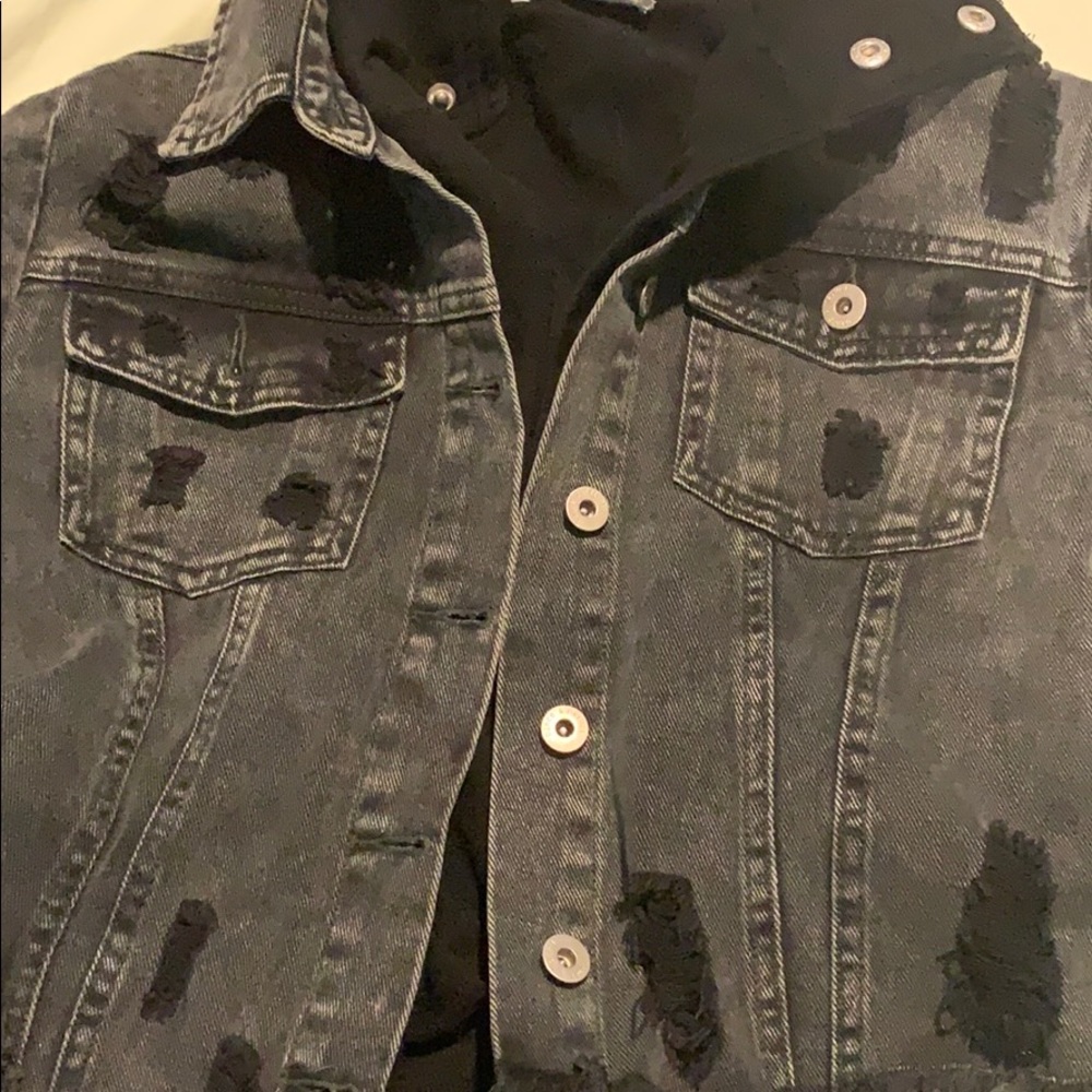 Stone wash ripped denim hoodie jacket